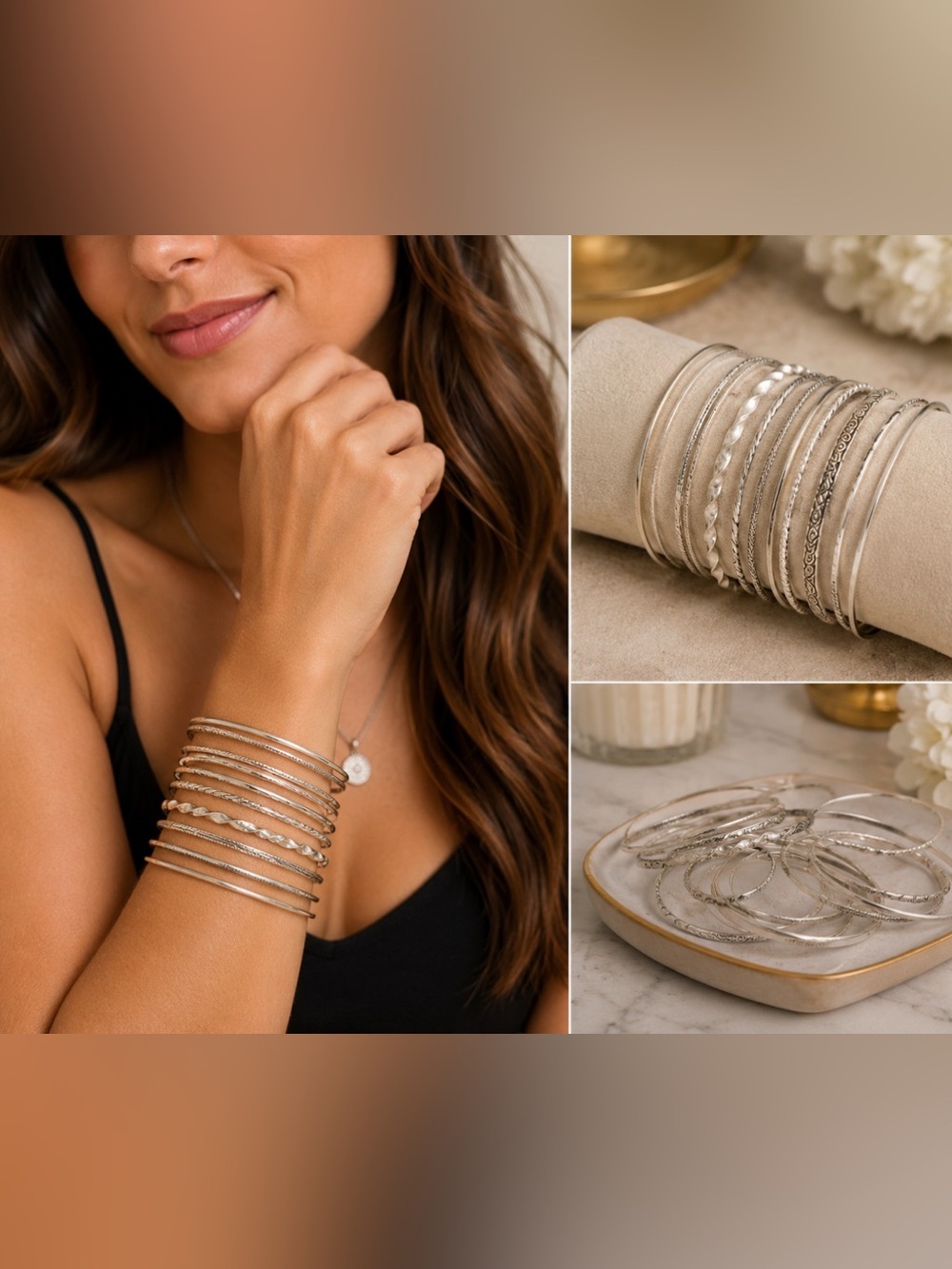 Silver Tone Bangle Bracelet Set 12 Piece Stackable Mixed Metal Bundle